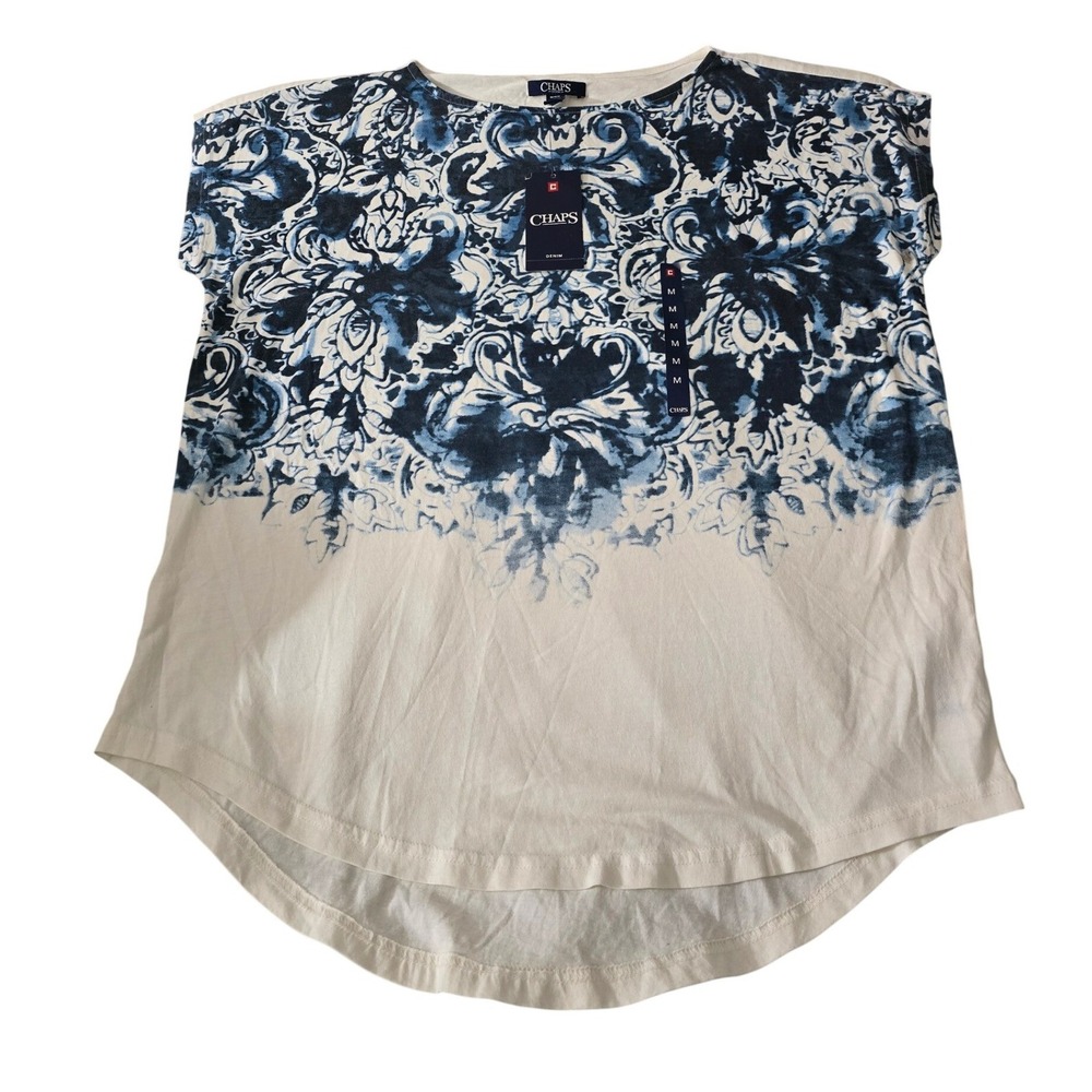 Chaps Denim Womens Medium Blue White Paisley Damask High-Low Short‎ Sleeve NWT